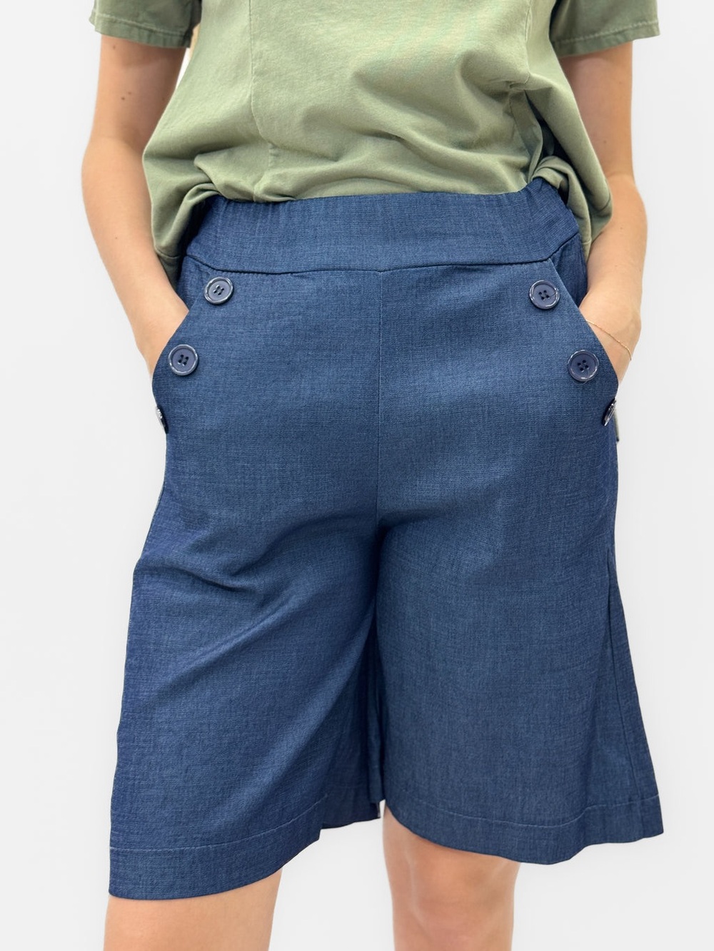 Maxmoda High-Waist Navy Button-Accent Bermuda Shorts for Women Pantaloncini Sz L